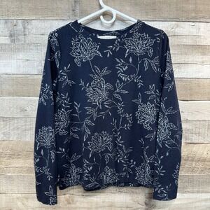 LOFT Womens Navy White Floral Textured Crew Neck Long Sleeve Sweater Size S